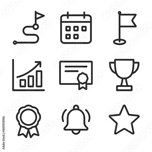 Progress Icons Collection. Outline icon set of progress tracking and certification: learning path, calendar schedule, milestone