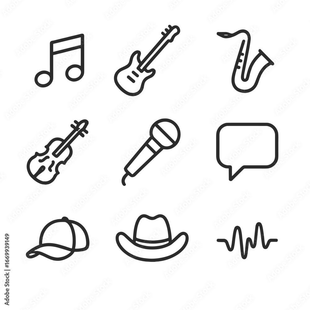 Obraz premium Radio Station Icons. Outline icon set of radio station genres: pop music note, rock guitar, jazz saxophone, classical violin, news