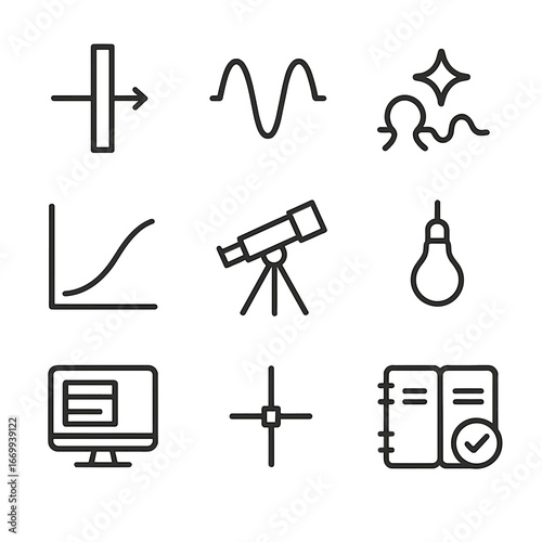 Radial Velocity Icon Set. Outline icon set of radial velocity technique: spectrograph slit, Doppler shift waveform, star wobble