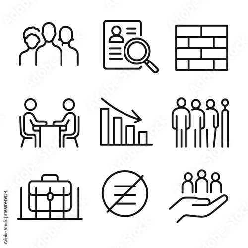Racial Employment Disparity Icons. Outline icon set of racial employment disparity: group of diverse silhouettes, magnifying glass