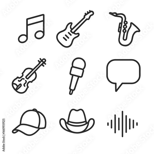 Radio Genre Icons. Outline icon set of radio station genres: pop music note, rock guitar, jazz saxophone, classical violin, news