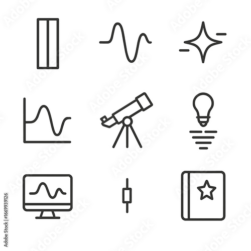 Radial Velocity Icon Set. Outline icon set of radial velocity technique: spectrograph slit, Doppler shift waveform, star wobble