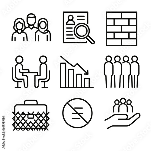 Racial Employment Disparity Icons. Outline icon set of racial employment disparity: group of diverse silhouettes, magnifying glass