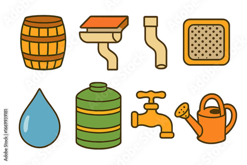 Rainwater Harvesting Icons. Flat vector mini-illustrations Rainwater harvesting systems in colors children's illustrations: rain