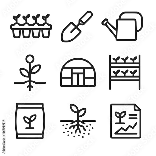 Reforestation Icons Grid. Outline icon set of reforestation and nursery operations: seedling tray, planting shovel, watering can,