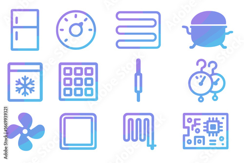 Refrigerator Diagnostics Icons. Gradient icons set of refrigerator diagnostics: refrigerator door, thermostat dial, condenser
