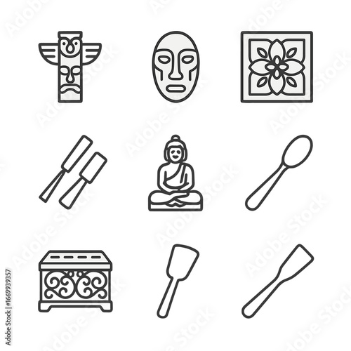 Regional Wood Carving Icons. Outline icon set of regional wood carving arts: totem pole carving, tribal mask silhouette, relief