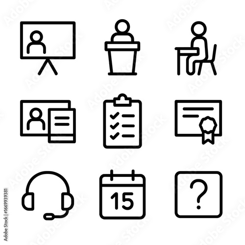 Remote Training Icons. Outline icon set of remote training sessions: presentation screen, trainer podium, attendee desk, slideshow