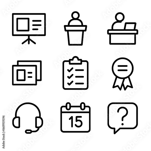 Remote Training Icons. Outline icon set of remote training sessions: presentation screen, trainer podium, attendee desk, slideshow
