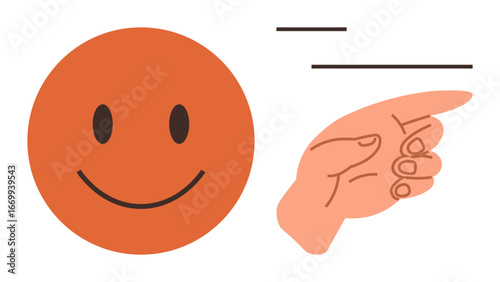 Bright happy face alongside a pointing hand and minimal lines suggesting guidance, interaction, or communication. Ideal for direction, guidance, choice, leadership, interaction, positivity