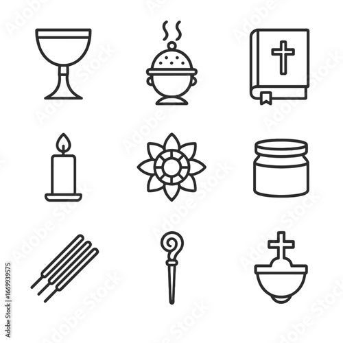Ritual Healing Icons. Outline icon set of ritual healing objects: chalice, incense burner, prayer book, lit candle, holy water