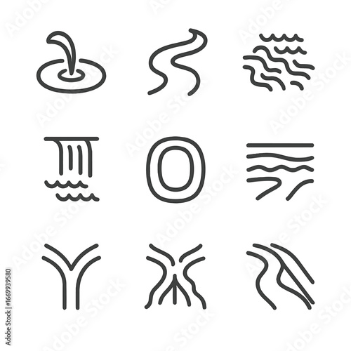River Channel Icons. Outline icon set of river channel features: headwater spring, meander bend, river rapids, waterfall cascade,