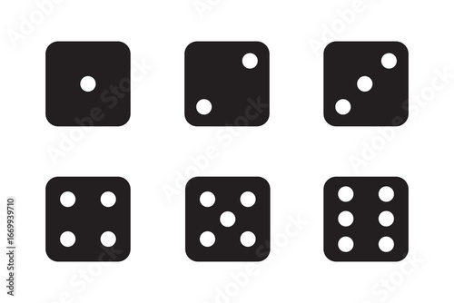 Game dice Icon with side of cube from one to six number. Set of black icon sided for gamble. Dot on cube of casino