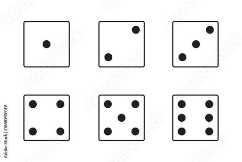 Dice icon set with all six faces in black color in outline style. Ludo game dice symbols in outline style. Set of six sides of a dice icon in black color isolated on a white background