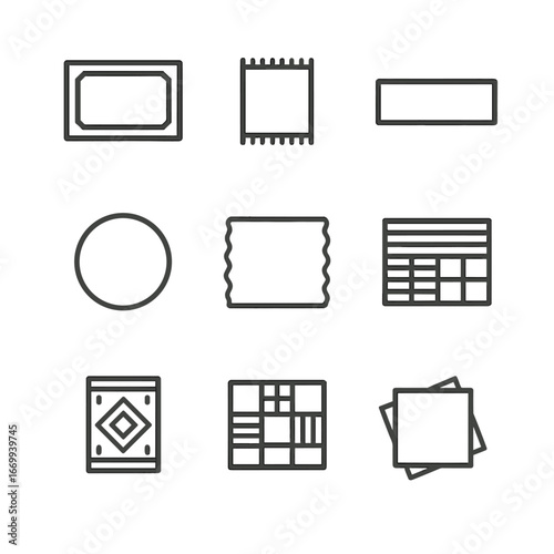 Rug Icon Collection. Outline icon set of bedroom floor accents: area rug, bedside mat, runner rug, round rug, shag rug, jute rug,
