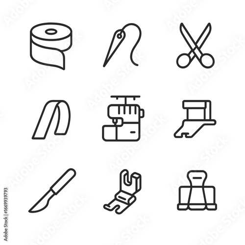 Rug Tools Icon Set. Outline icon set of rug edging and binding tools: binding tape spool, upholstery needle, fabric scissors,