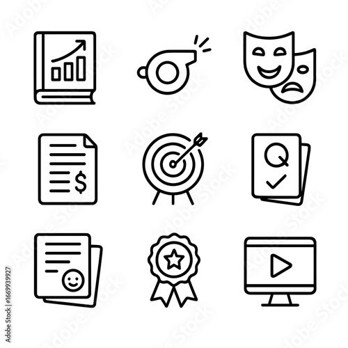 Sales Training Icons. Outline icon set of sales training materials: training manual, coach whistle, role-play masks, sales script