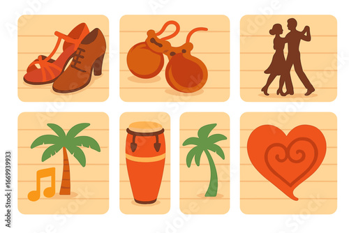 Salsa Dance Icons. Flat vector mini-illustrations Salsa dance shoes on wooden floor in colors children's illustrations: salsa