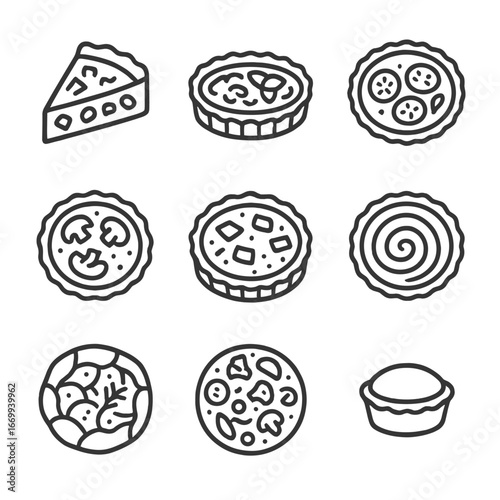 Savory Quiche Icons. Outline icon set of savory quiche and tart variations: quiche Lorraine slice, spinach and feta tart, tomato
