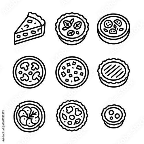 Savory Quiche Icons. Outline icon set of savory quiche and tart variations: quiche Lorraine slice, spinach and feta tart, tomato