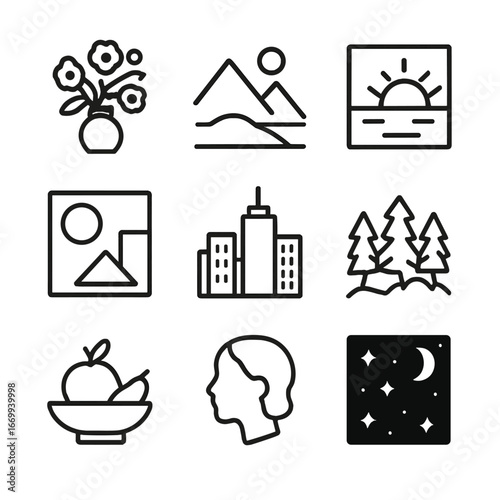 Outline Icon Scene Grid. Outline icon set of painting subject matter scenes: floral bouquet, mountain landscape, seascape with