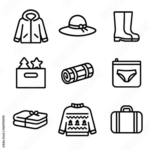 Seasonal Closet Essentials. Outline icon set of seasonal closet prep: winter coat, summer hat, rain boots, holiday décor box,