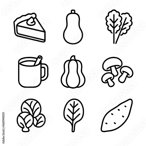 Seasonal Menu Icons. Outline icon set of seasonal menu ingredients: pumpkin pie slice, butternut squash, kale bunch, apple cider