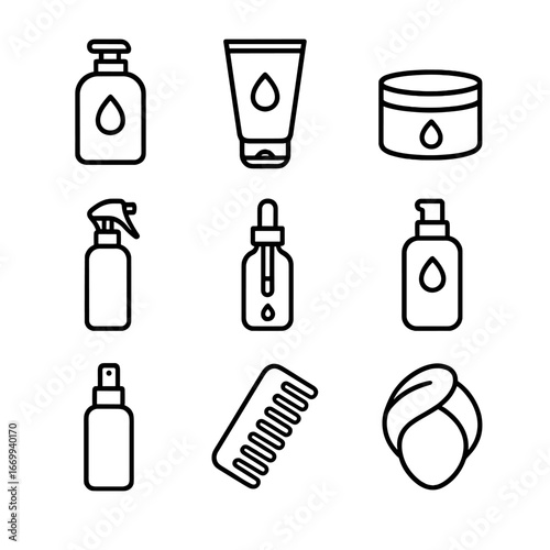 Seasonal Hair Care Icons. Outline icon set of seasonal hair care products: moisturizing shampoo bottle, hydrating conditioner tube