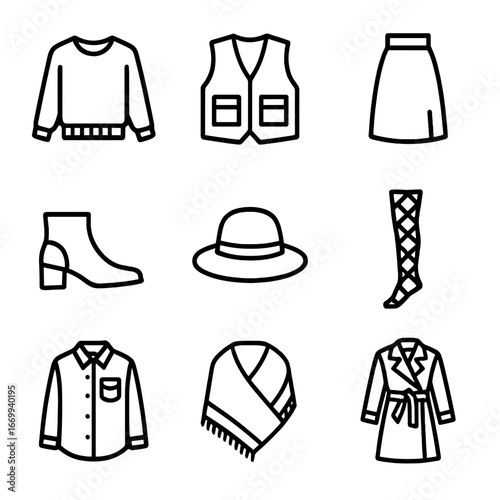 Seasonal Outfits Icons. Outline icon set of seasonal transitional outfits: light knit sweater, utility vest, midi skirt, ankle