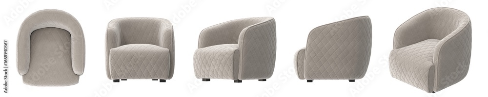 Obraz premium 3D Render of a Modern Quilted Armchair in a Neutral Tone, Multi-Angle View