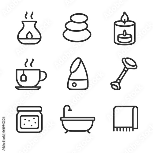 Self-Care Spa Icons. Outline icon set of self-care spa rituals: essential oil diffuser, massage stone, scented candle, herbal tea