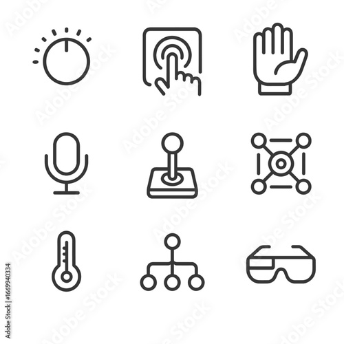 Sensory Interface Icons. Outline icon set of sensory analog-AI interfaces: tactile dial knob, pressure-sensitive pad, haptic