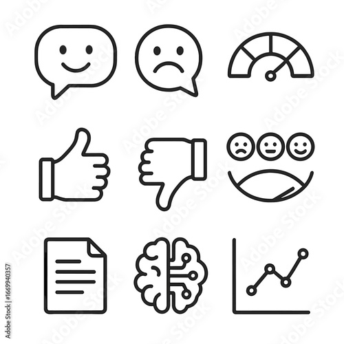 Sentiment Analysis Icons. Outline icon set of sentiment analysis: speech bubble with smile, speech bubble with frown, sentiment