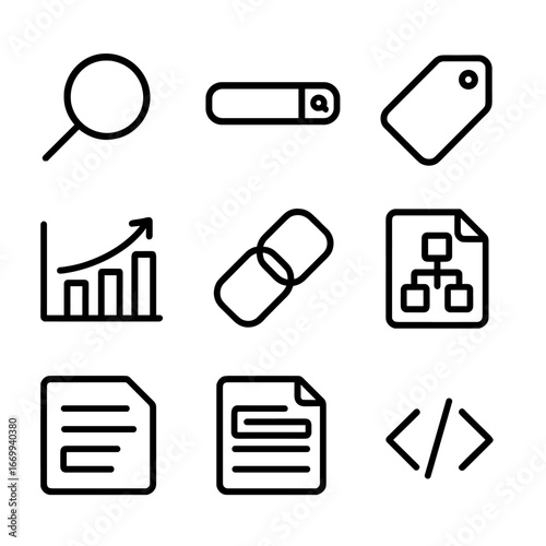 SEO Icon Set. Outline icon set of search engine optimization: magnifying glass, search bar, keyword tag, rankings graph, backlink