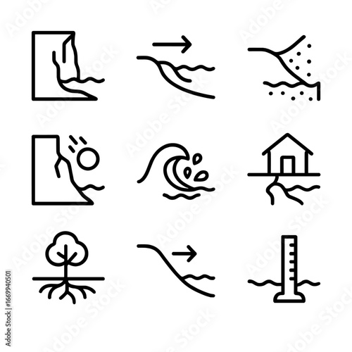 Shoreline Erosion Icons. Outline icon set of shoreline erosion indicators: eroded cliff, receding shoreline, sediment flow,