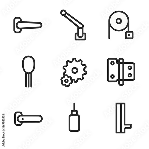 Shutter Mechanism Icons. Outline icon set of shutter operation mechanisms: handle, crank rod, pulley wheel, rope loop, ratchet
