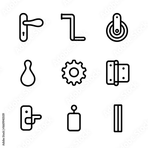 Shutter Mechanism Icons. Outline icon set of shutter operation mechanisms: handle, crank rod, pulley wheel, rope loop, ratchet