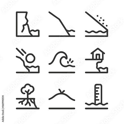 Shoreline Erosion Icons. Outline icon set of shoreline erosion indicators: eroded cliff, receding shoreline, sediment flow,