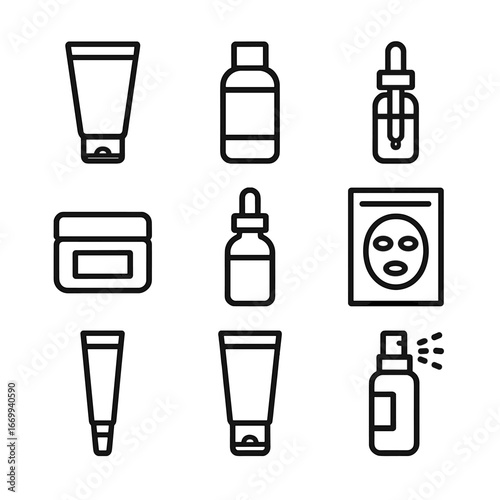 Skincare Icons Grid. Outline icon set of skincare and beauty products: cleanser tube, toner bottle, serum dropper, moisturizer jar