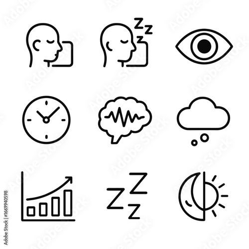 Sleep Cycle Icons. Outline icon set of sleep cycle stages: light sleep, deep sleep, REM eye movement, circadian clock, EEG