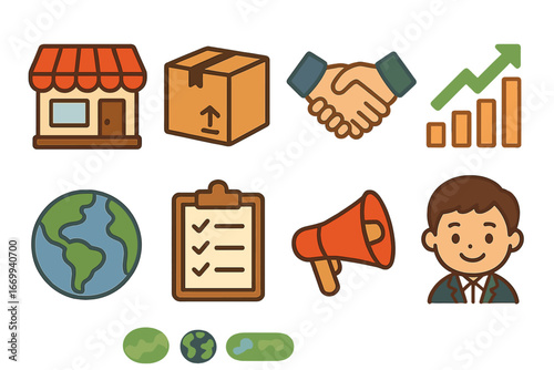 SME Export Success. Flat vector mini-illustrations SME export support deal in colors children’s illustrations: small shop