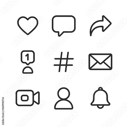 Social Media Icon Set. Outline icon set of social media engagement: like button, comment bubble, share arrow, follower count badge