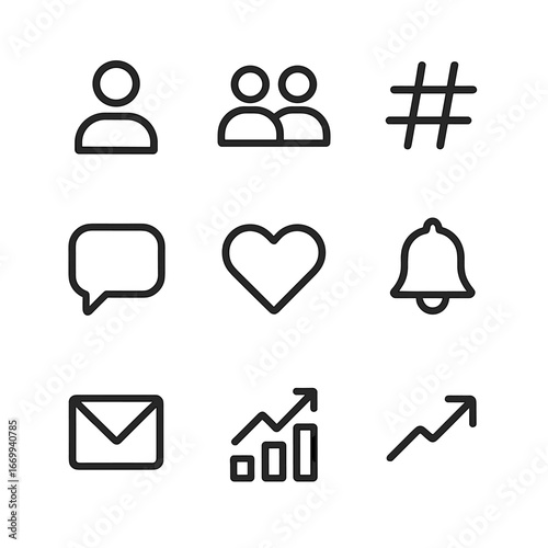 Social Media Icons. Outline icon set of social media networking: profile, followers, hashtag, share arrow, comment bubble, like