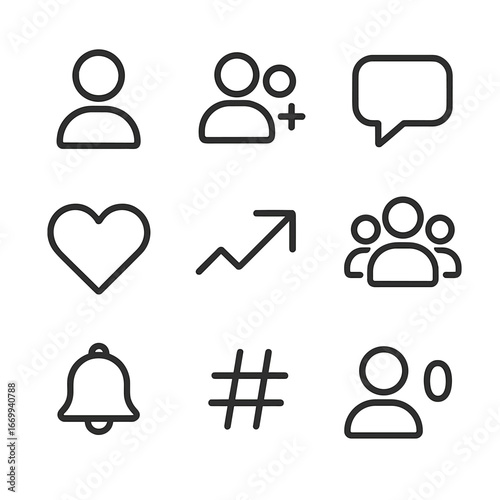 Social Media Icons. Outline icon set of social networking platforms: profile avatar, friend request, chat bubble, like heart,