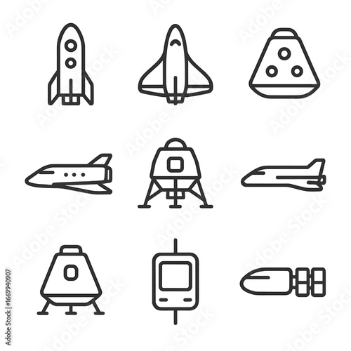 Spacecraft Icon Set. Outline icon set of spacecraft and vehicles: space tourism rocket, suborbital spaceplane, orbital capsule,