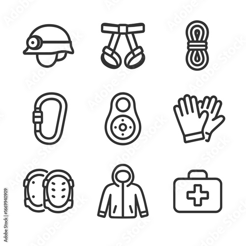 Spelunking Gear Icons. Outline icon set of spelunking safety gear: helmet with lamp, climbing harness, dynamic rope coil, locking