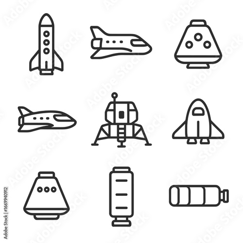 Spacecraft Icon Set. Outline icon set of spacecraft and vehicles: space tourism rocket, suborbital spaceplane, orbital capsule,