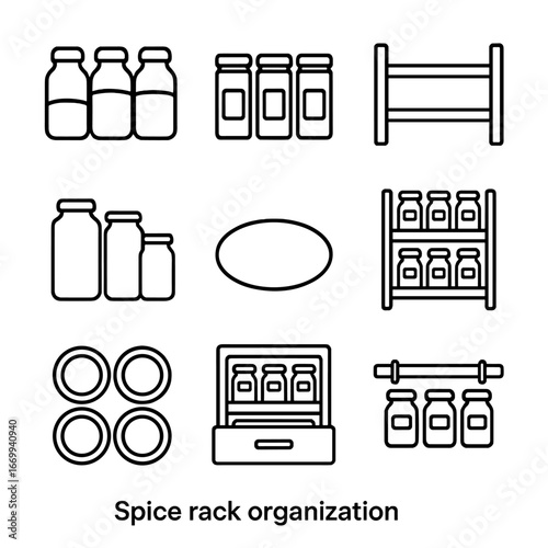 Spice Rack Icons. Outline icon set of spice rack organization: spice jars, labeled tins, wooden shelf, glass canisters, jar labels