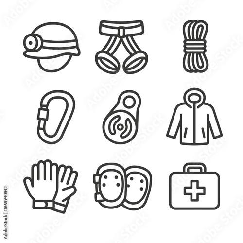 Spelunking Gear Icons. Outline icon set of spelunking safety gear: helmet with lamp, climbing harness, dynamic rope coil, locking