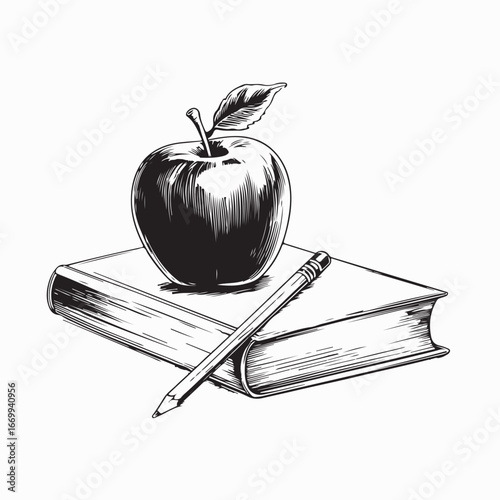Apple on Top of Book with Pencil Vector Illustration on white background